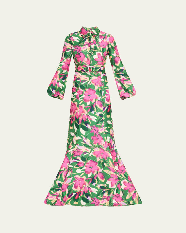 Belted Floral-Print Mikado Shirt Gown